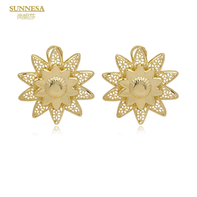 SUNNESA Vintage Glossy Flower African Big Earrings for Women Golden Dubai Jewelry Elegant Geometric Earrings for Party