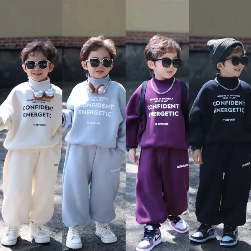 

Boys' Velvet Warm Leisure Set 2025 New Children's Winter Fashion Cool Long Sleeve Long Pants Sports Two Piece Set
