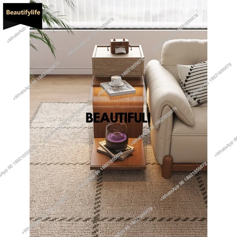 D80 Mid-style solid wood glass side tables, small apartment sofa corners, wheels, movable classroom living room storage