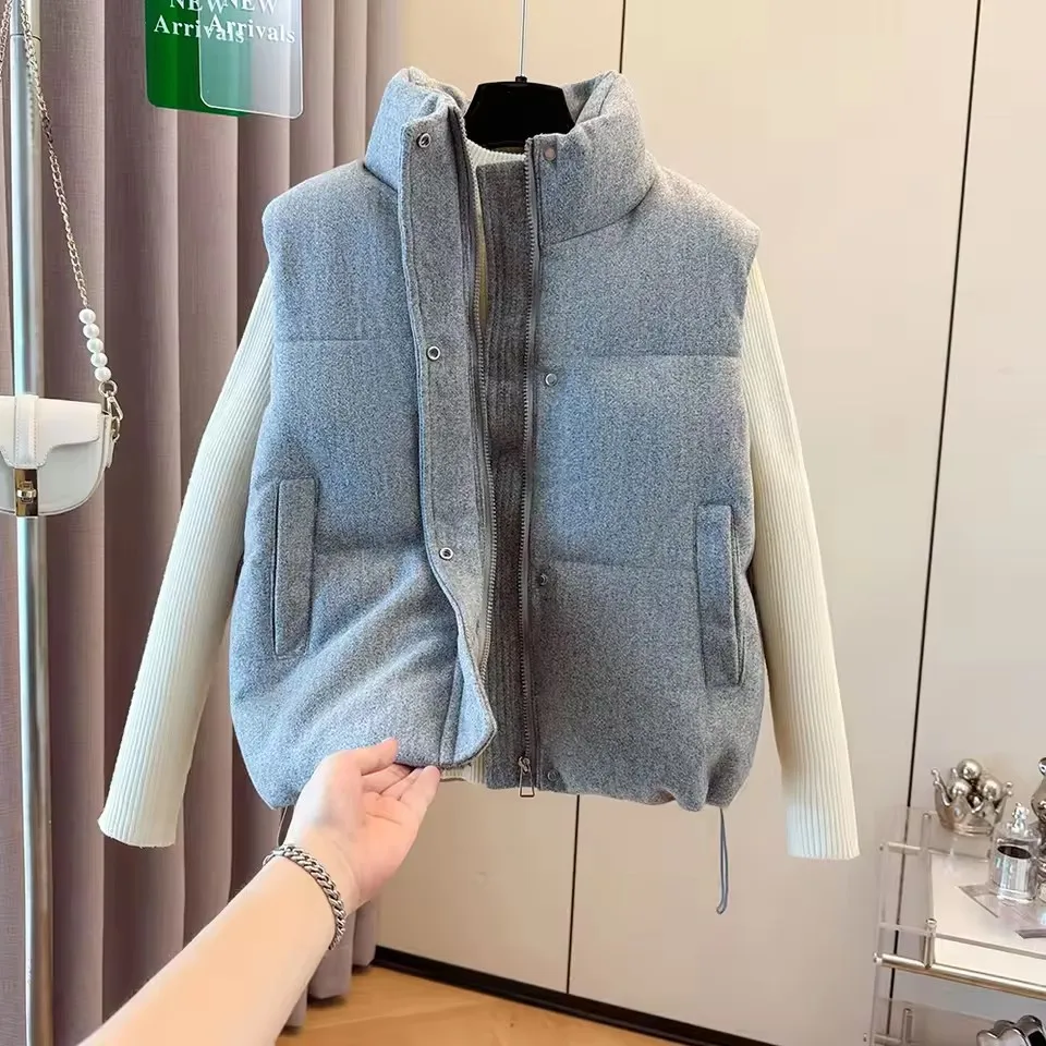 

Autumn Winter Gray Cotton Vest Women Thick Warm Sleeveless Coat Outerwear 2025 New Chic Stand-up Collar Cotton Padded Waistcoat