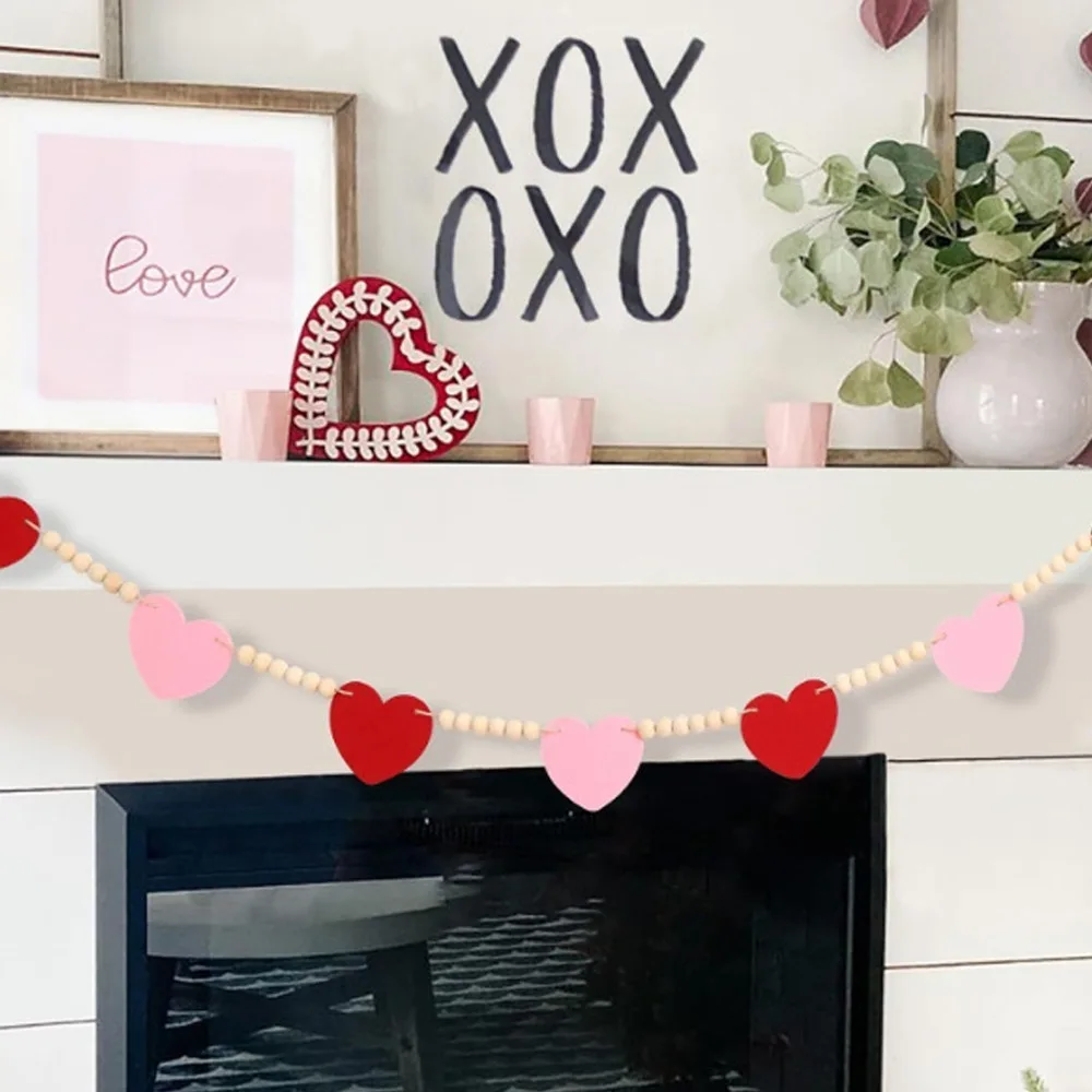 Red Pink Color Felt Heart Garland 61.81in Farmhouse Style Wooden Bead Garland Pre-Made Hanging Loop Decorative Hanging Ornaments