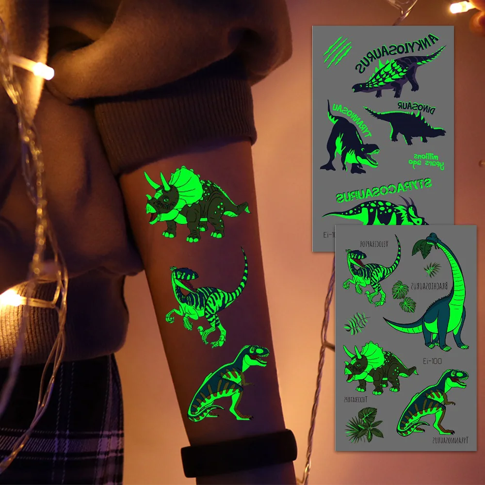 10 Blatt im Dunkeln leuchtende temporäre Dinosaurier-Tattoos – wasserfeste, leuchtende, einfach anzubringende Aufkleber für Geburtstagsfeiern und Geschenke – F – Detail 5