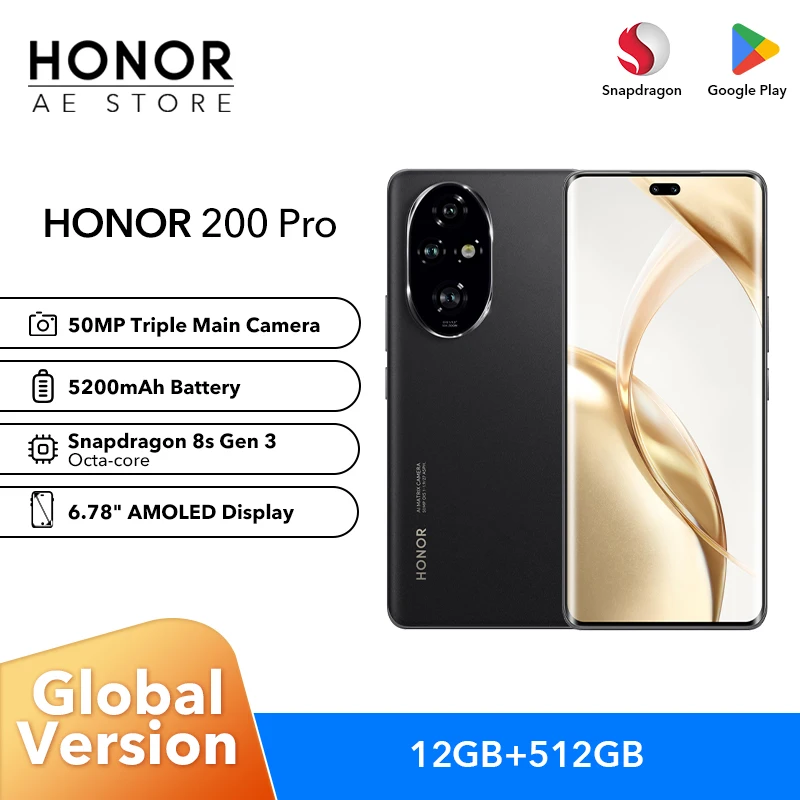 Global HONOR 200 Pro Snapdragon 8s Gen 3 Studio-level Portrait Camera HONOR Eye Comfort Display 5200mAh Silicon-carbon Battery