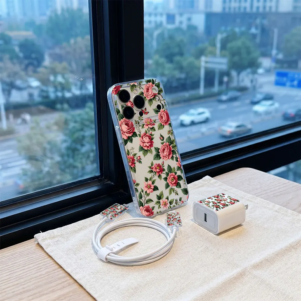Rose Garden Phone transparent Case + Charger Cable Protector Set for iPhone For IPhone 17 16 15 14 13 pro max
