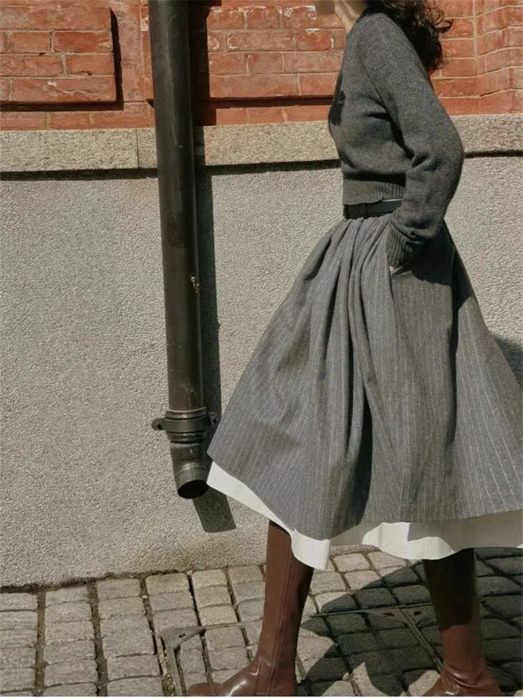 Fashionable Retro Striped Patchwork Midi Skirt Autumn Winter New Style Large Swing Grey Color Commute City Casual Loose Fit