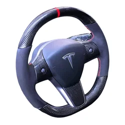 Hand Stitched Suede Carbon Fiber Car Steering Wheel Cover For Tesla Model 3 2017-2021 Custom DIY Auto Steering Wheel Case