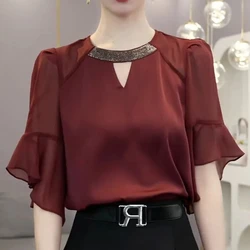 French Style Elegant 2024 Summer New Shirt Women's Solid Spliced Sequined Round Neck Loose Flare Sleeve Fashion Pullover Blouses