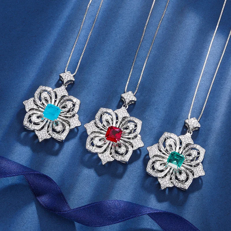 

New jewelry with copper base, gold-plated colored gemstone, 8*8 camellia pendant necklace for women