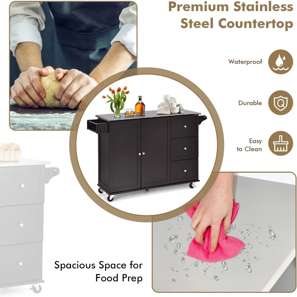 جزيرة مطبخ دوارة من الفولاذ المقاوم للصدأ مع مساحة تخزين وأدراج ورف توابل #3