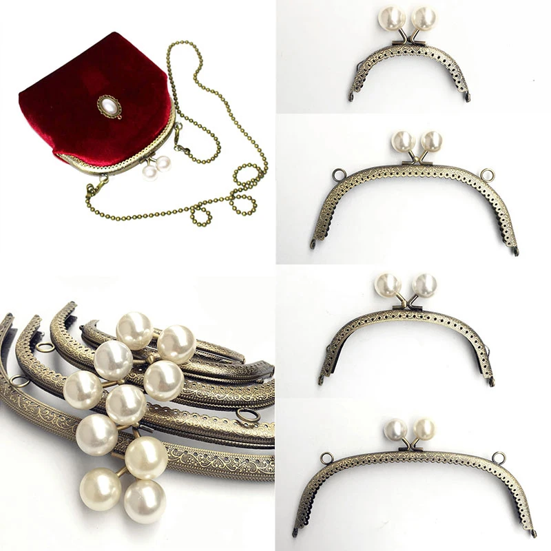 Retro Pearl Wallet Metal Handle Frame Arc Shaped DIY Purse Clutch Kiss Clasp Lock Clutch Bag Handle Handbag Accessories