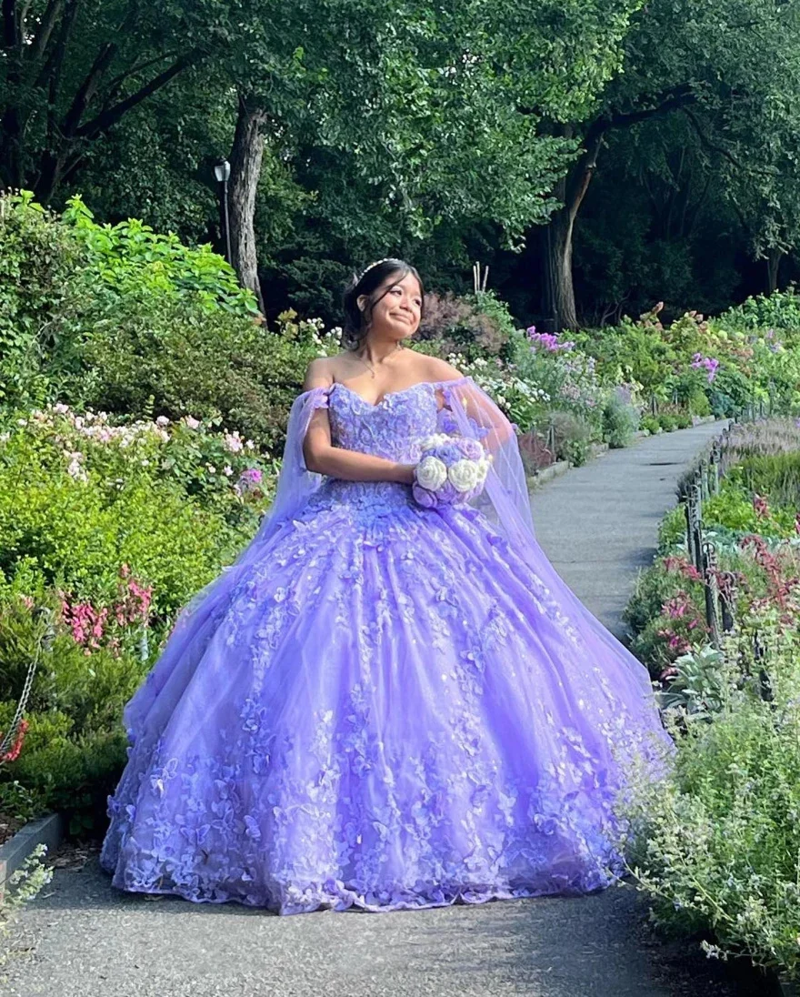 Luxury Purple Mexico Ball Gown vestidos de quinceañera Sequin Beaded Flowers Appliques Popular Girl Sweet 16 Dress Vestidos De 1