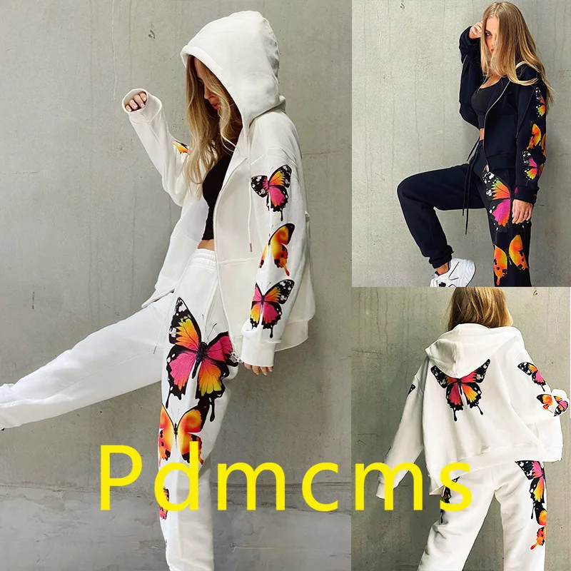 

2025 new autumn and winter European and American butterfly printing long-sleeved hooded zipper casual sweater suit women