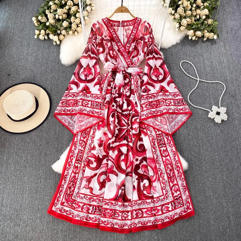 

Autumn Bohemian Blue And White Porcelain Print Chiffon Long Dress Elegant Women V Neck Flare Sleeve Belt Lace Up Maxi Vestidos