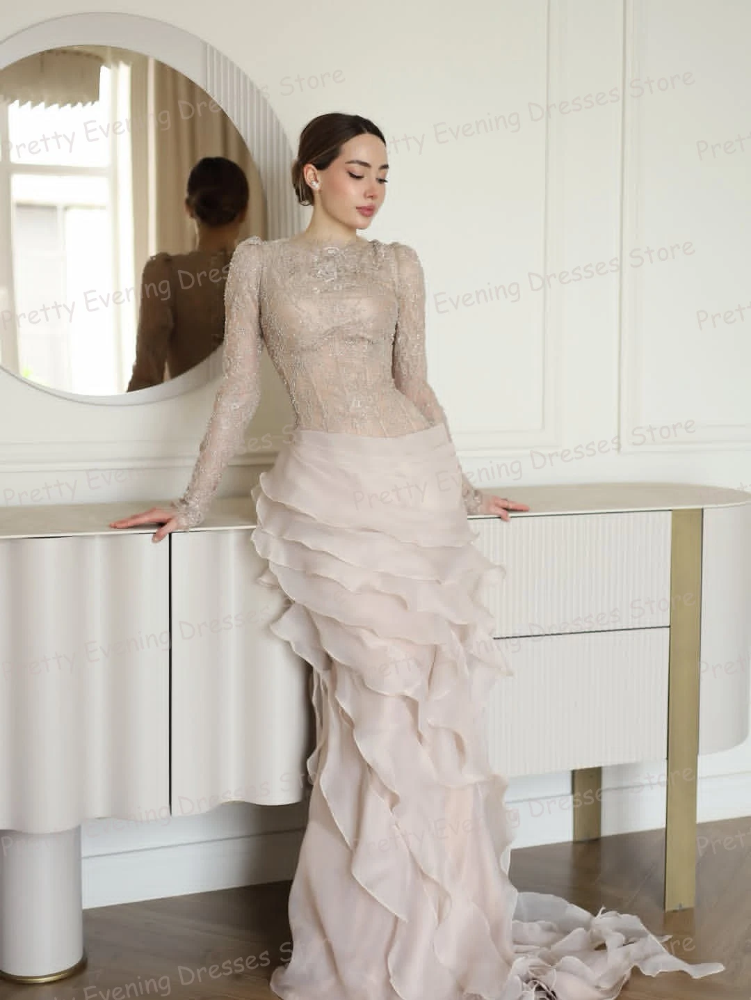 Charming Evening Dresses Mermaid Ruffles Formal Women's Long Sleeve Prom Gowns Customized Sexy Lace Beach Party Vestido De Novia