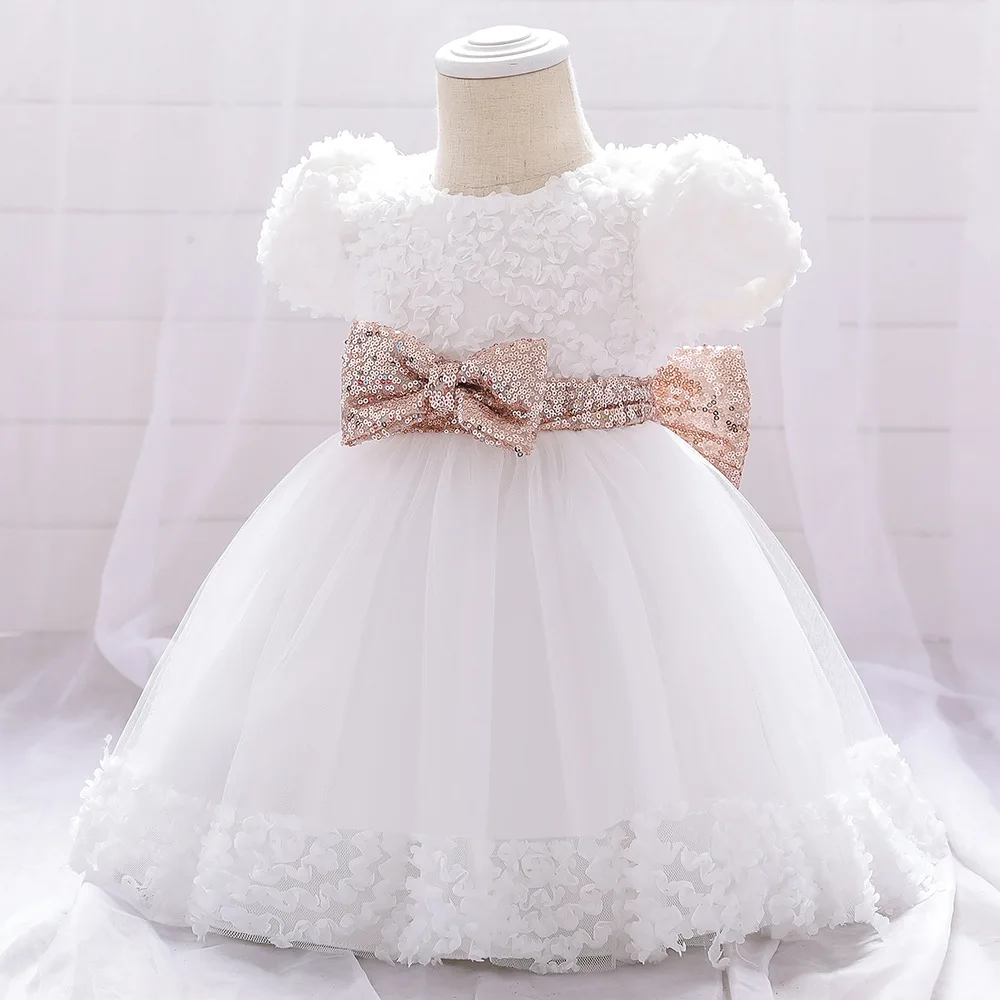 New Toddler 6M12M24M Girls Birthday Solid Color Tail Dress Children\'s Party Dress Princess Rose Flower Dress Girl Baby Bow Dress