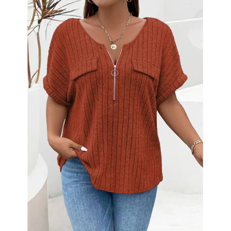 

Fashion Large Size Top Women Short Sleeve T-shirt 2024 Summer Solid Casual Loose Zipper V-neck Pullover Oversized Female Clothes