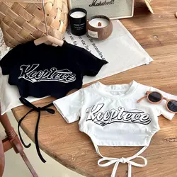 Summer cotton short Girls T Shirt Baby Tee Shirt Kids Crop Top Children Clothes Fashion Letter Waist Adjustable Lacing Side 2-13