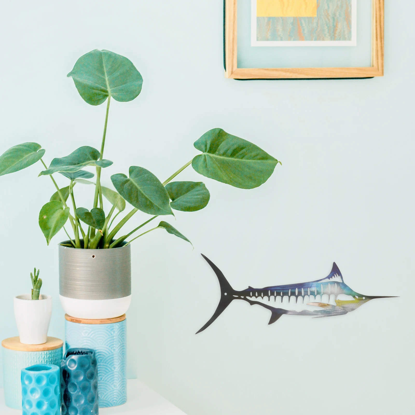 

Shark Pendant Decor Metal Wall Sculpture Iron Fish Decoration Hanging Household Animal Sculptures Home
