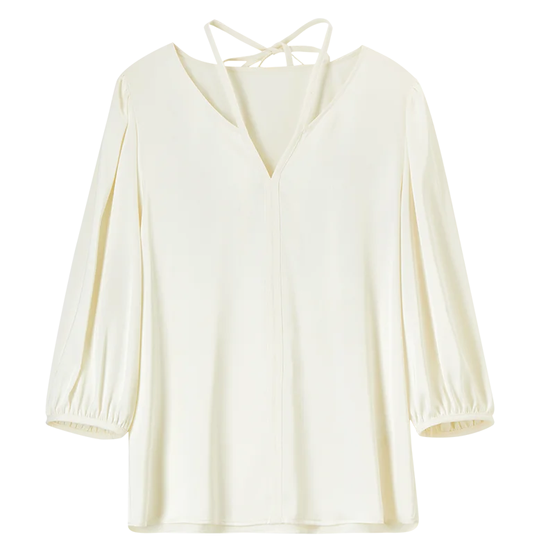 SENTUBILA Satin Women Blouse 2025 Spring Chiffon Commute Lace Up V Neck Hollow Three Quarter Puff Sleeve Shirts 151V58360