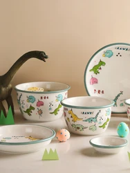 Ceramic Bowls 7.8 Inch Plates Cute Cartoon Dinosaur On Glazed Children Use Home Kitchen Porcelain Ins Popular Food Container