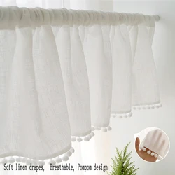 Window Sheer Curtains Pompom Linen Tassel Ball Rod Pocket Short Voile Curtains Panels for Kitchen Living Room Home Decor