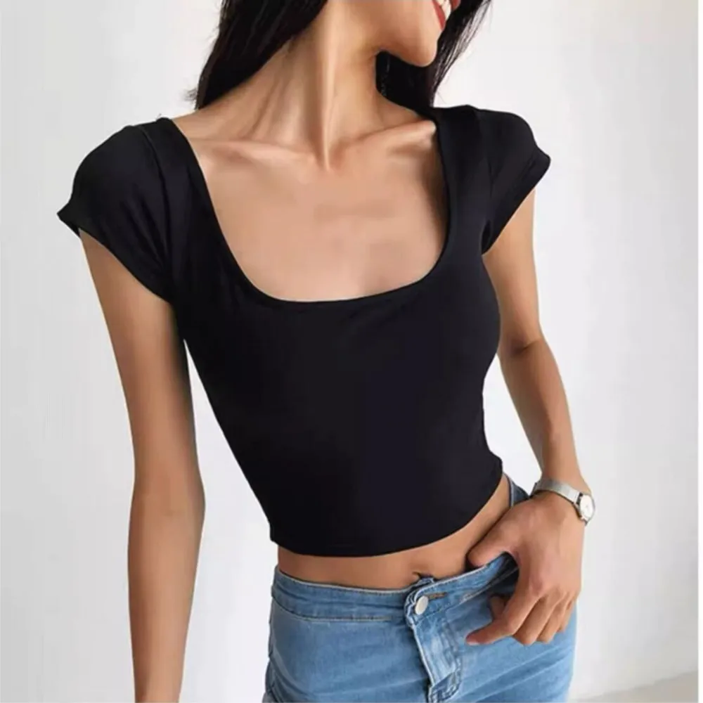 American Retro Plain Color Pullovers Square Collar Crop Tee Skinny CHIC Slim Knitwear Short Sleeve T-shirts Crop Top 8 colors