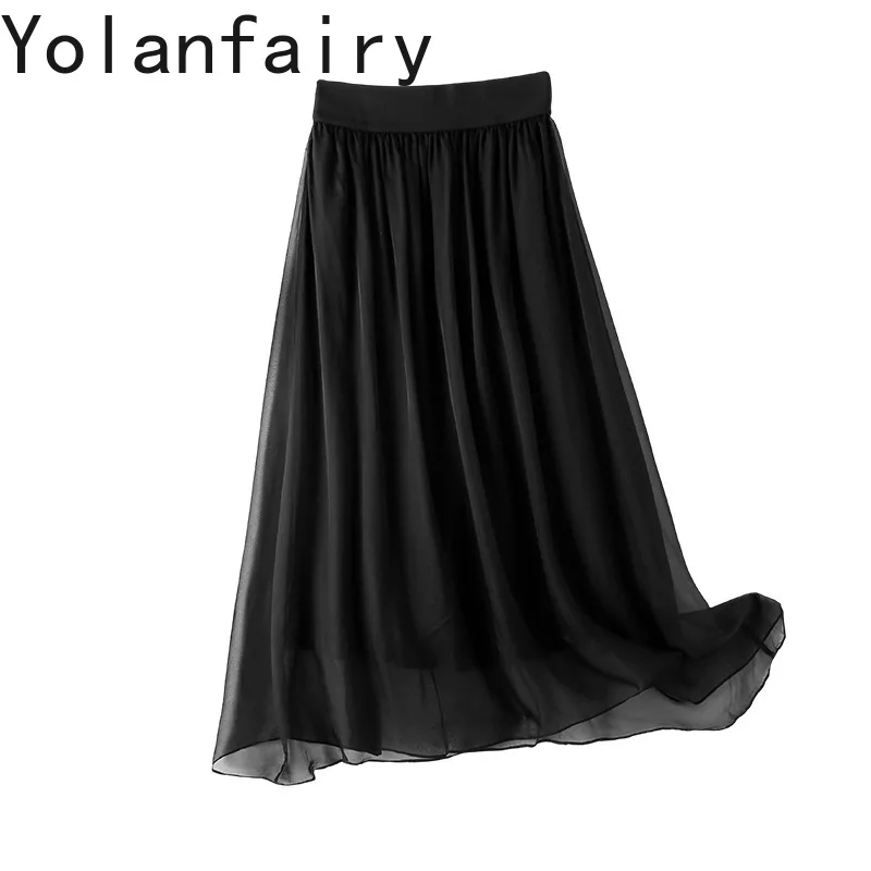 

YOLANFAIRY Юбки из чистого шелка тутового шелкопряда для женщин, летние однотонные белые юбки с воротником, модные юбки с эластичной талией, женская одежда 2026