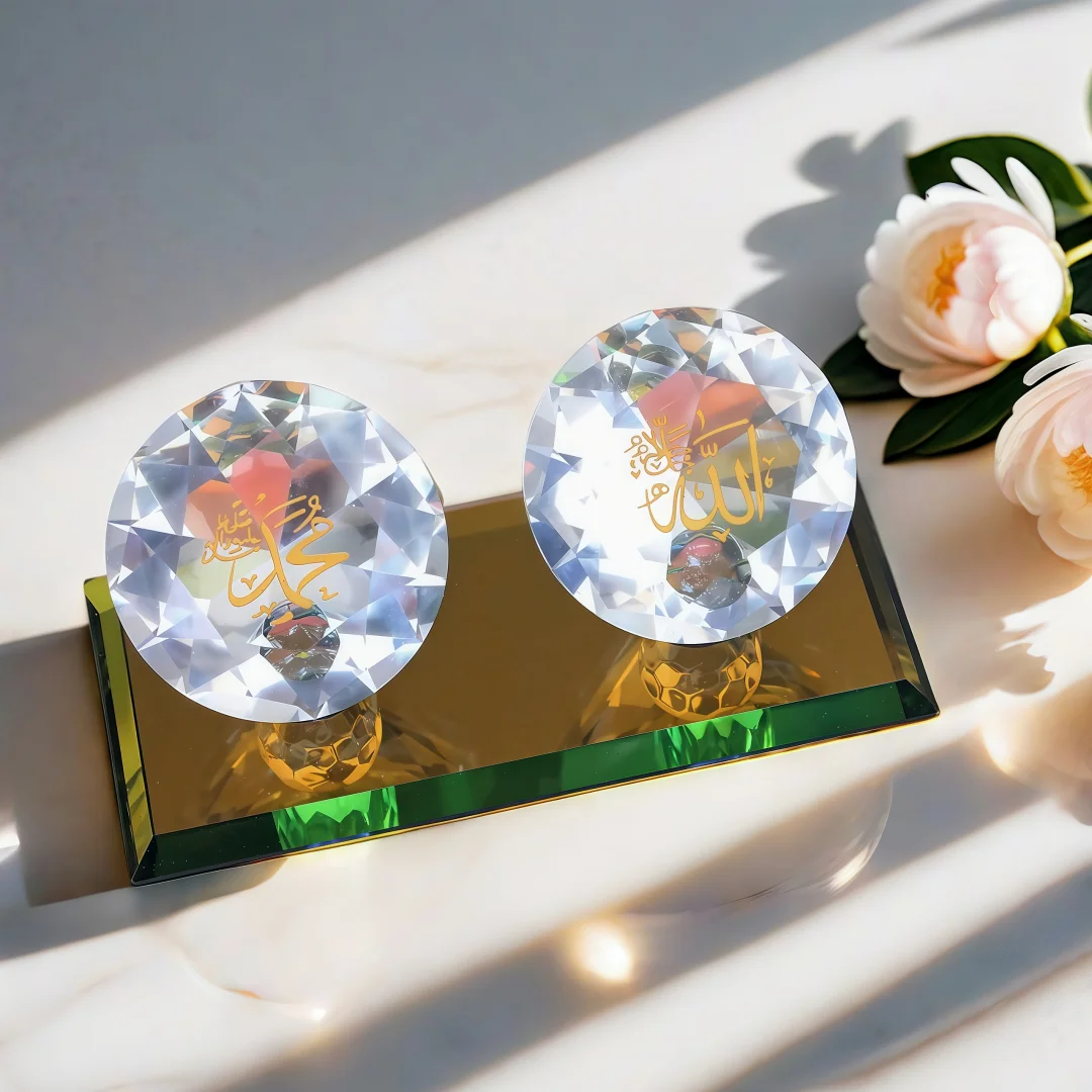 Square Ornament with Double-Sided Austrian Rhinestones & High-Clarity K9 Crystal, Kaaba Landmark Ramadan Worship Craft Gift