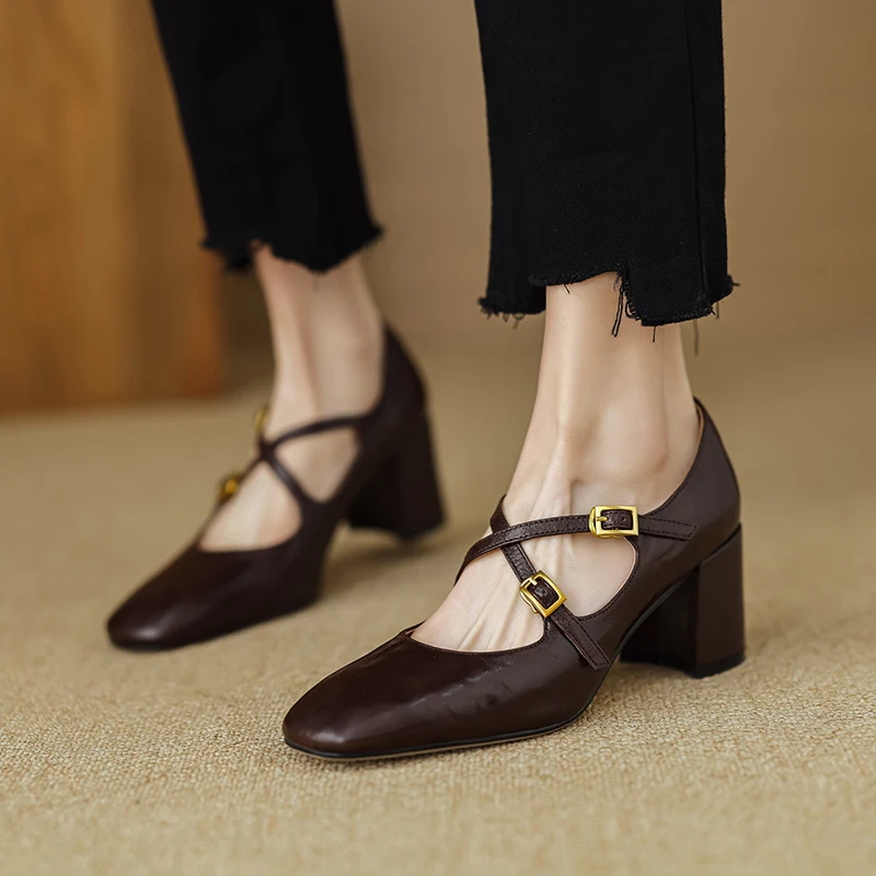 2024 New Spring Square Heeled Women Pumps Buckle Strap Genuine Leather Office Lady Shoes Woman Retro Square Toe Black Mary Janes