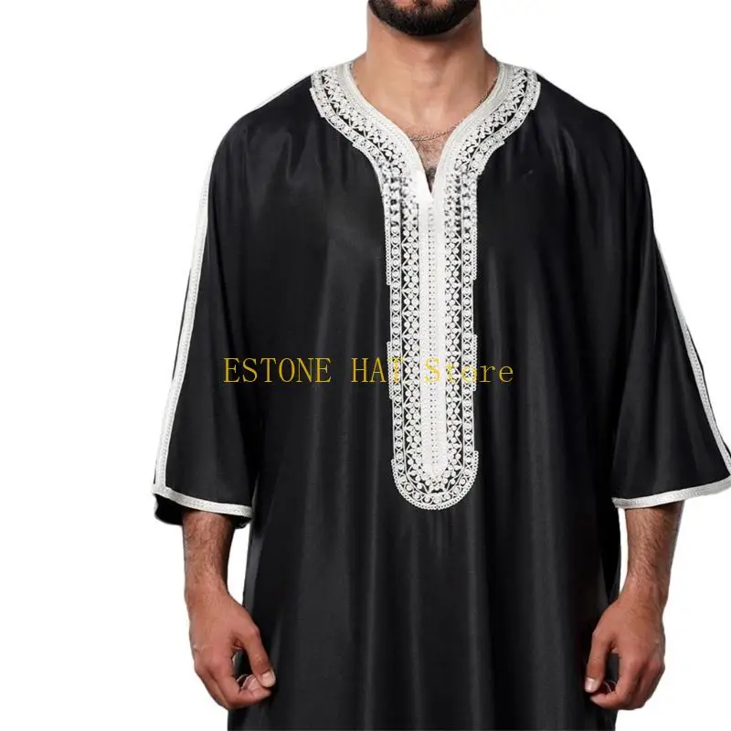 49MF Uomo Ricamo Manica Lunga Sauditi Arabi Thobe Islamici Musulmani Dubai Robe Kaftani