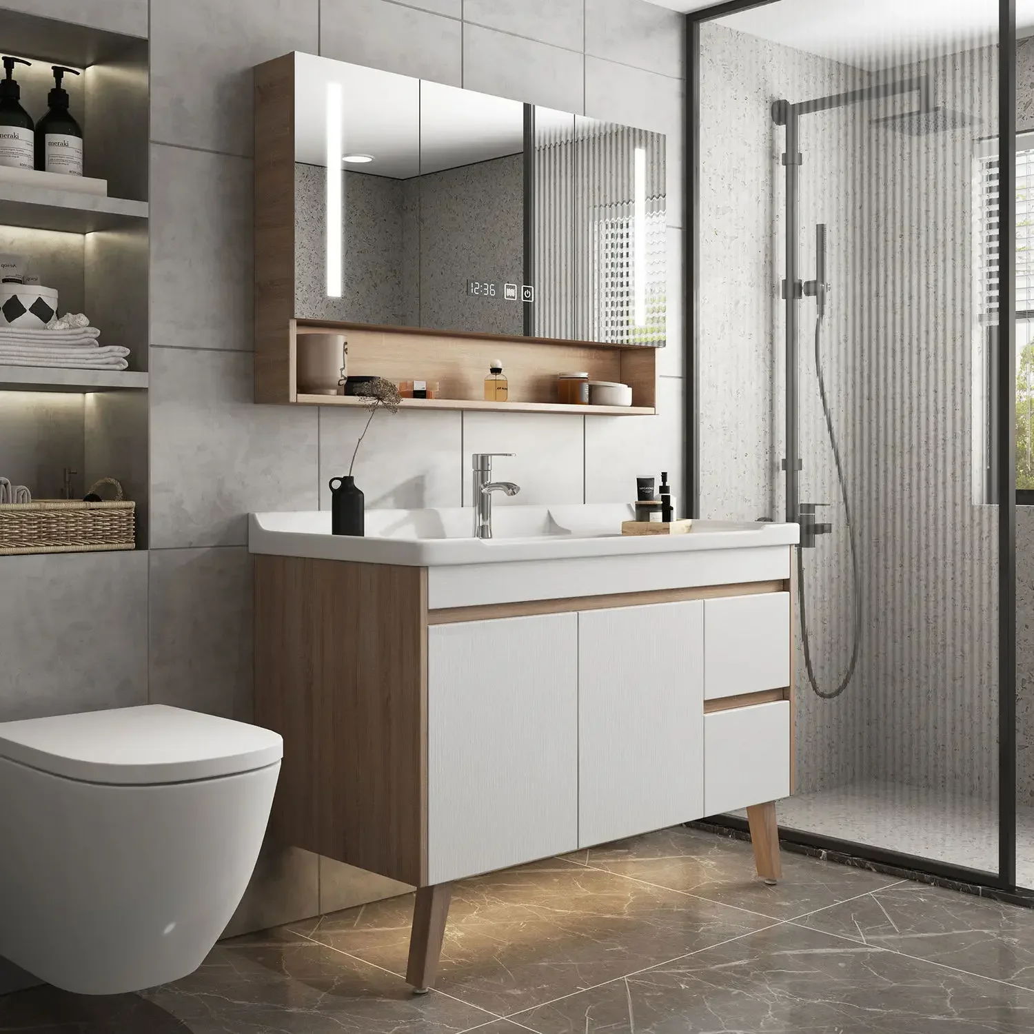 Modern Floor Bathroom Vanity with White Ceramic Integrated Countertop and Rectangle Sink and Back Splash,2 Soft Closing Doors