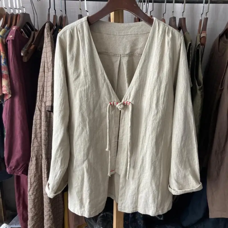 

Новые весенне-летние женские свободные куртки в стиле искусства с длинным рукавом и v-образным вырезом, винтажное хлопковое льняное пальто на одной пуговице, высокое качество T622