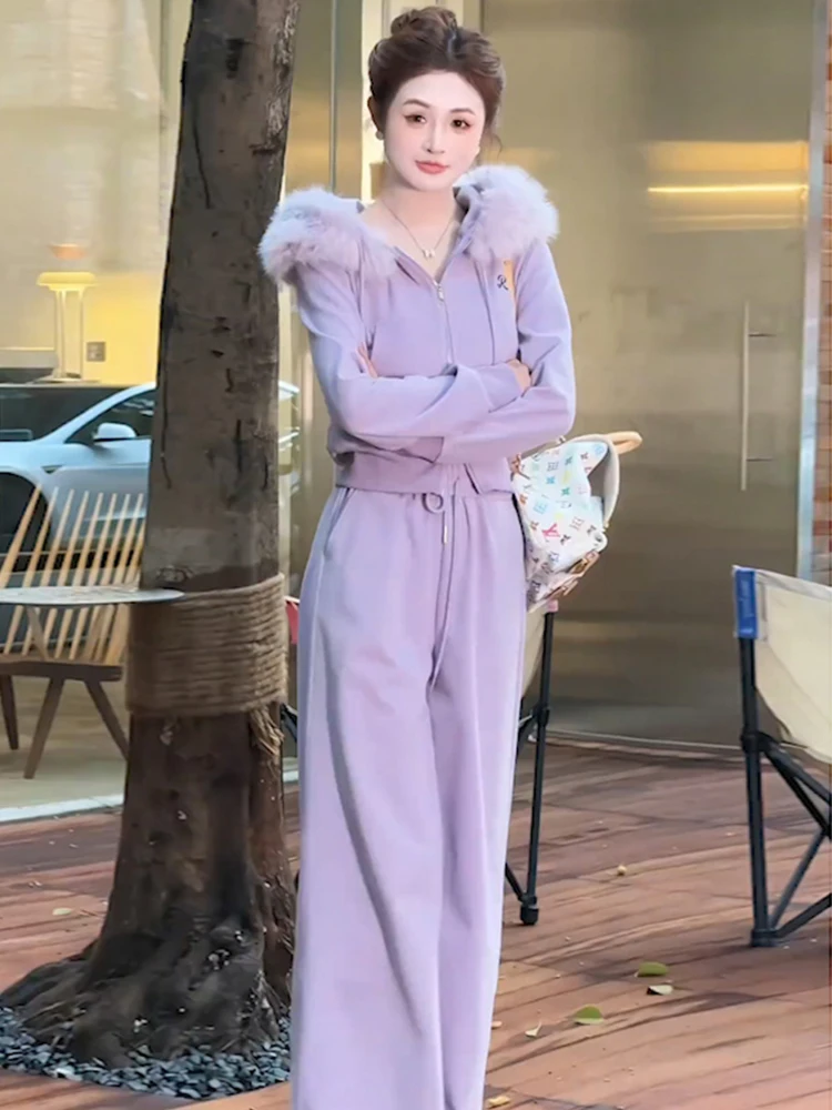 

Winter Thickened Warm Fur Collar Women's Sportswear Set Purple Casual Wide Leg Pants Top Two-Piece Suit Fashionable Elegant
