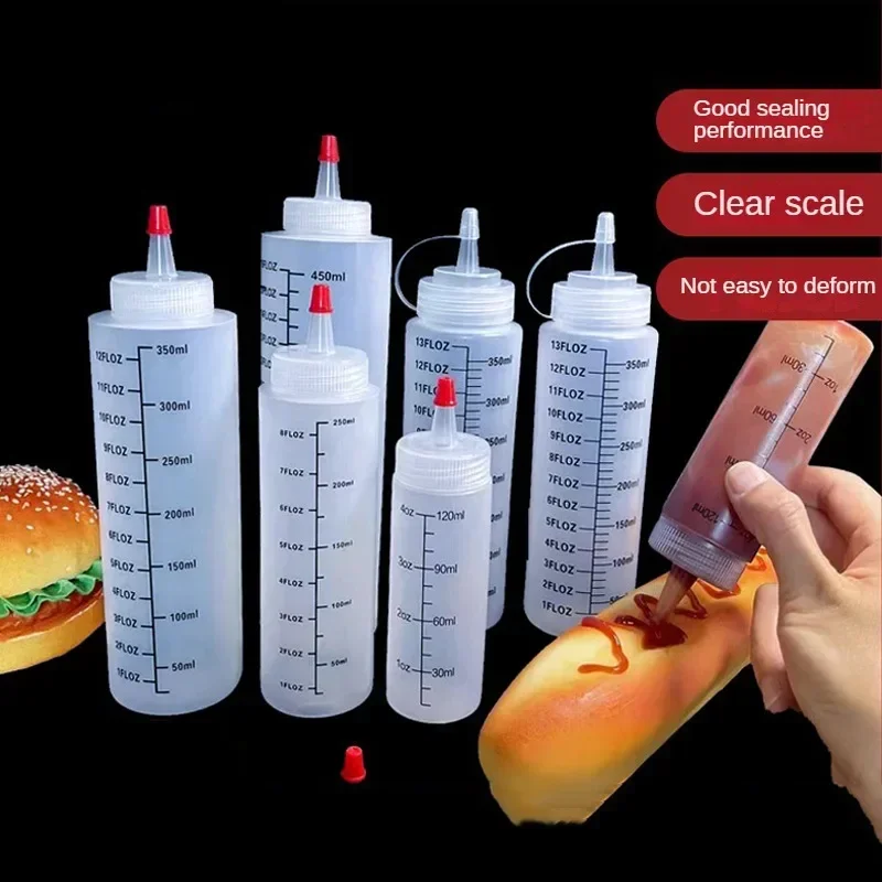 120/250/450ml Plastic Needle-nosed Scale Squeeze Bottle Squeezable Bottle with Leak-proof for Kitchen Salad Sauce Squeeze Bottle