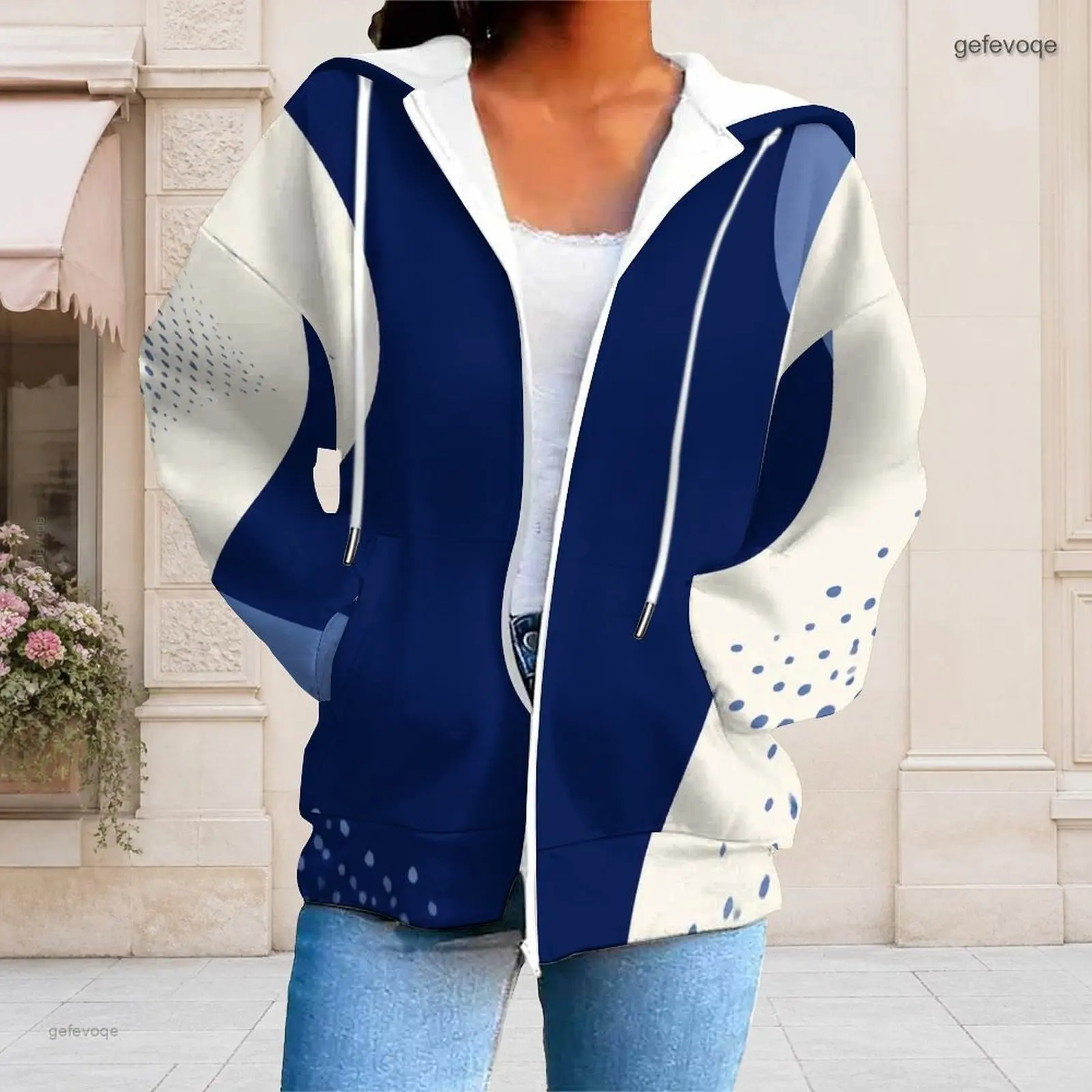Women Navy Blue Off White Color Block Dot Print Zip Up Long Sleeve Hoodie