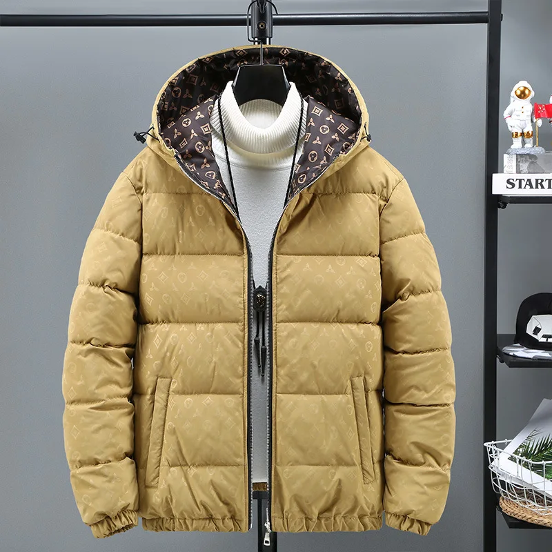 Jaqueta puffer com capuz masculina, parka à prova de vento, jaqueta bomber de algodão, roupa casual estampada grossa e quente, moda coreana, luxo, inverno