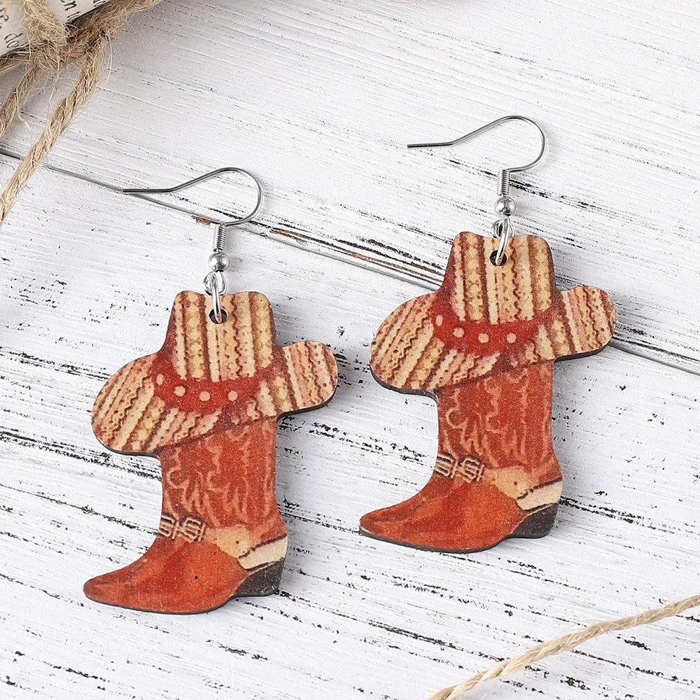 Western Cowboy Boot Hat Pendant Earrings Double Sided Printed Wooden Dangle Earrings for Women Party Jewelry