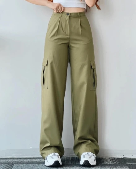 2024 Women's Casual Loose Trousers Mid Waist Three-Dimensional Pocket Pants Waist Cinching Solid Color Pants