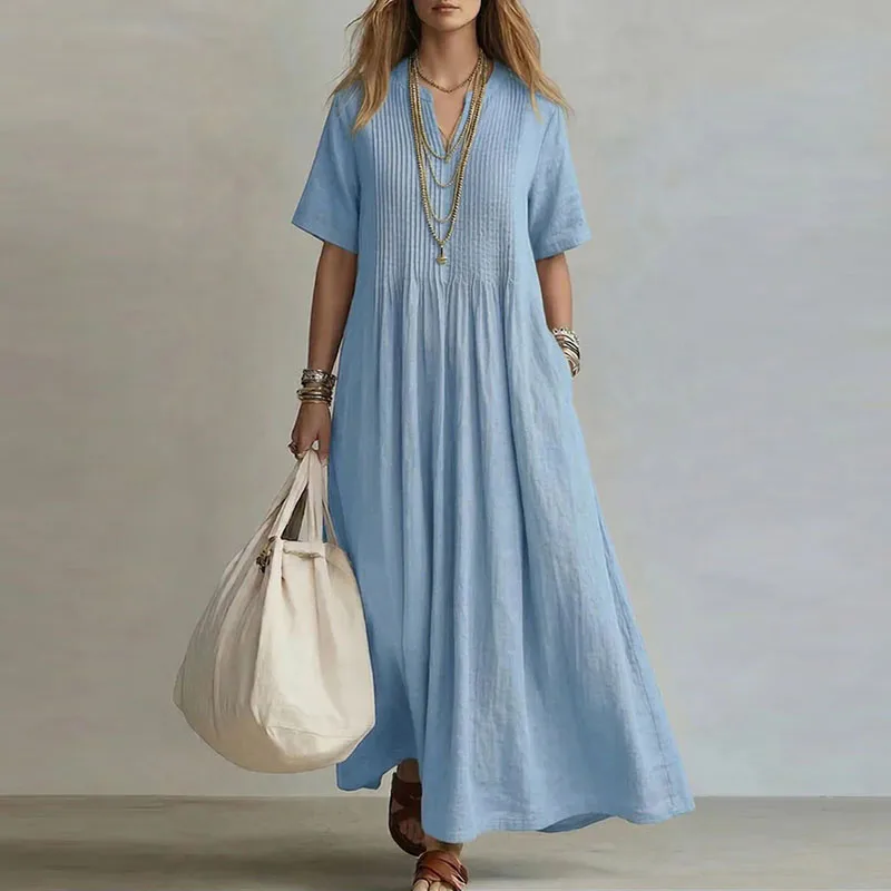Retro Solid Cotton Linen Maxi Dress Woman Spring Sexy V Neck Draped Pocket Long  Dress Summer Short Sleeve High Waist Party Dress - AliExpress 200000345