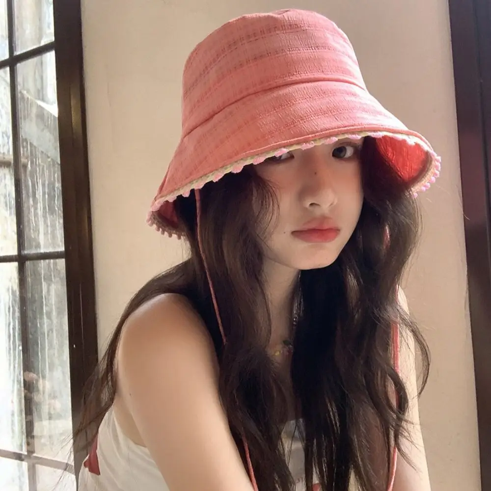 Sunscreen Sweet Summer Fisherman Hat Big Brim French Style Lace-up Sun Caps Foldable Japanese Women's Sun Hat Girls