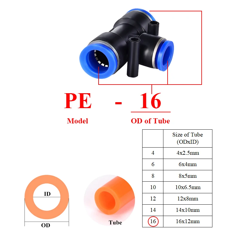 10PCS PE 4 6 8 10 12 14 16mm Pneumatic Fitting Tee 3 Way One Touch Push In AIR Hose Quick Release Fitting