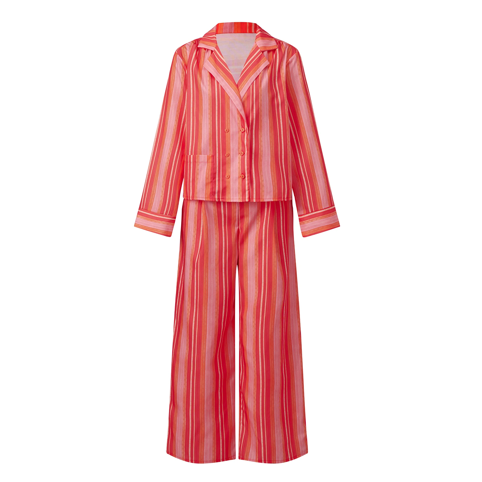 Damski zestaw piżamowy w paski, 2-częściowy, koszula z długim rękawem, zapinana na guziki, z kołnierzykiem i spodnie, wygodna odzież do spania i wypoczynku w domu.