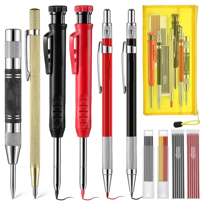 مجموعة أقلام رصاص QWE-Carpenter، 4 أقلام نجار صلبة ملونة مع مبراة، عبوات، ثقب مركزي تلقائي