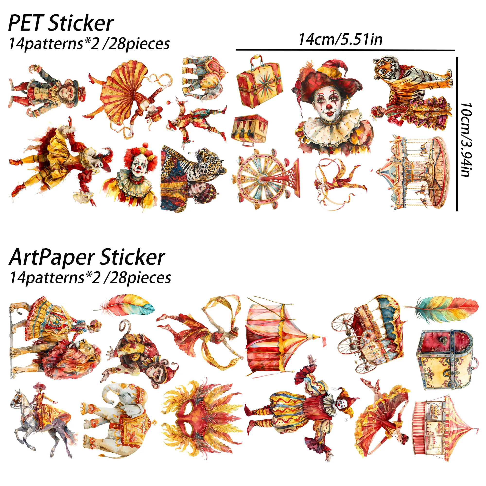 56 قطعة-68 قطعة PET وورق فني السيرك موضوع حزمة ملصقات جمالية ذاتية اللصق ، للحرف الفنية ، ملصق ديكور ذاتي الصنع ، فن المشبك