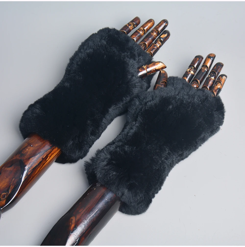 New Women 100% Real Genuine Knitted Rex Rabbit Fur Mittens Winter Warm Lady Real Fur Fingerless Gloves Handmade Knit Fur Mitten