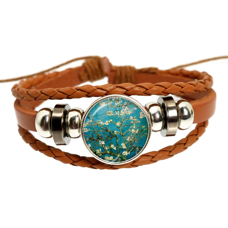 2022 Hot Sell Van Gogh Almond Branch in Bloom Art Pendant Leather Bracelet Famous Painting Glass Cabochon Accessories Gift