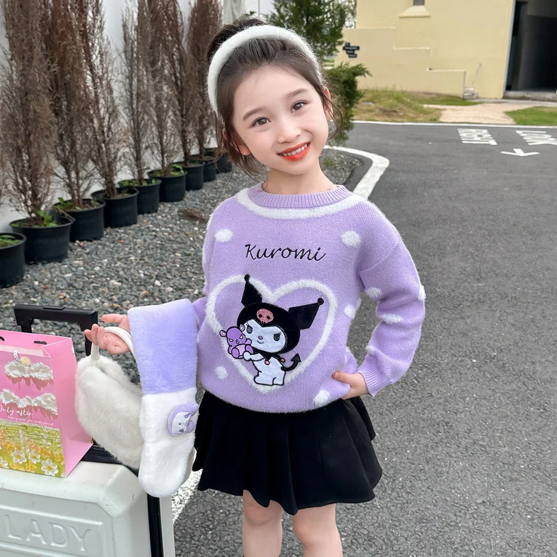 

Anime Kuromi Girls' Autumn/Winter Cartoon Sweet Cool Knitted Sweater Children's Fashion Hello Kitty Baby Thick Warm Knitted Top