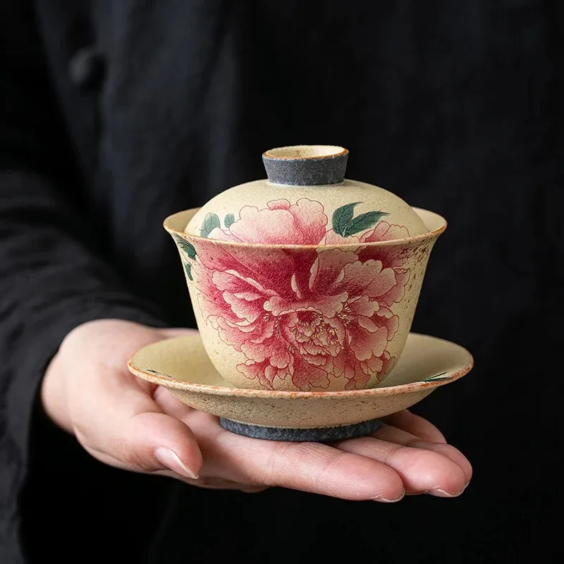 

Красная керамическая чаша с тремя талантами, чайник, маленький чайник в стиле ретро с пионом, одинарный бытовой чайный сервиз высокого класса