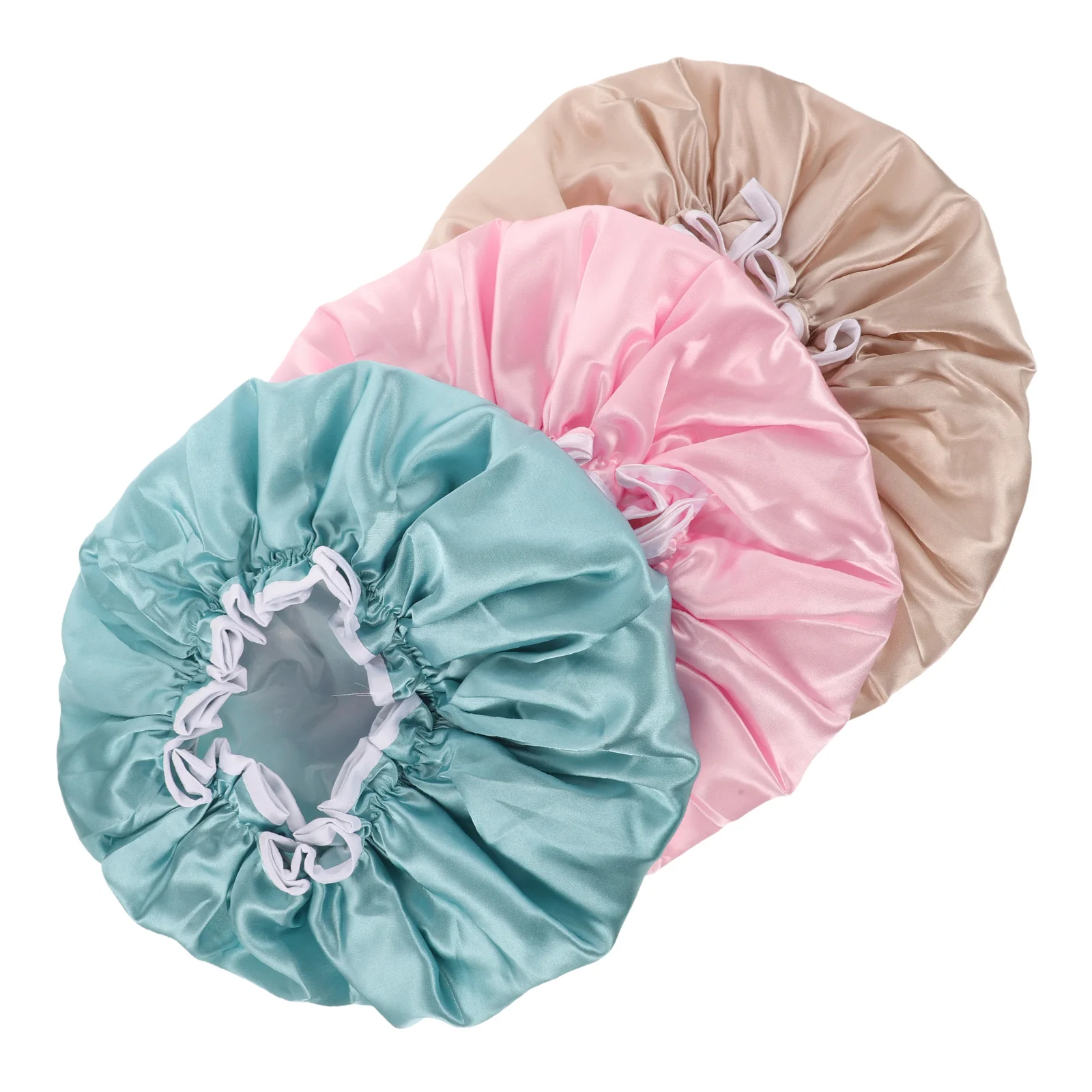 

3Pcs Double Layer Bath Hair Hat Waterproof Shower Caps for Women Satin PE Reusable Dustproof Bathing Hats Household Keep Dry