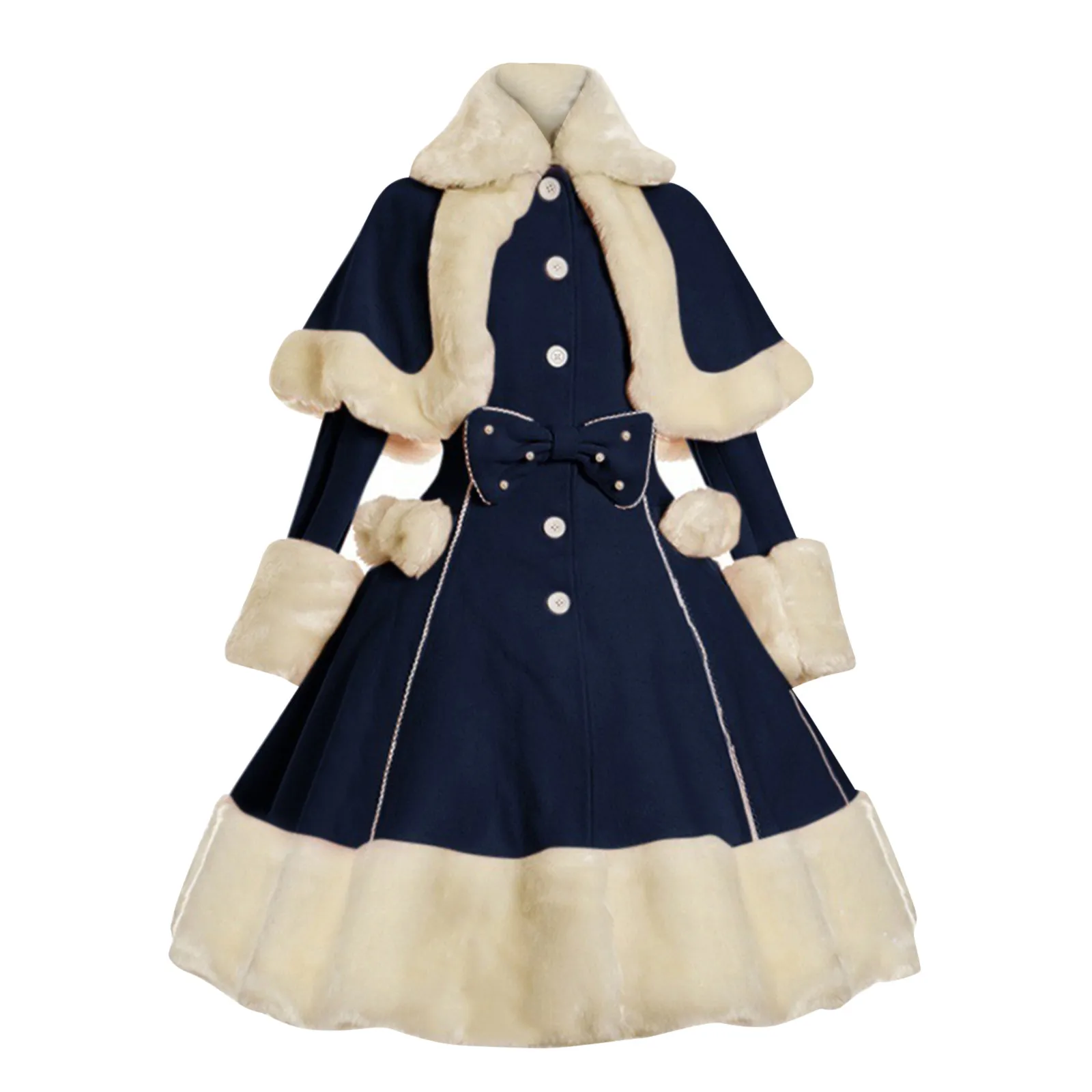 Abito Vintage gotico Lolita abito donna collo di pelliccia maniche lunghe scialle carino monopetto inverno caldo fiocco spesso abiti